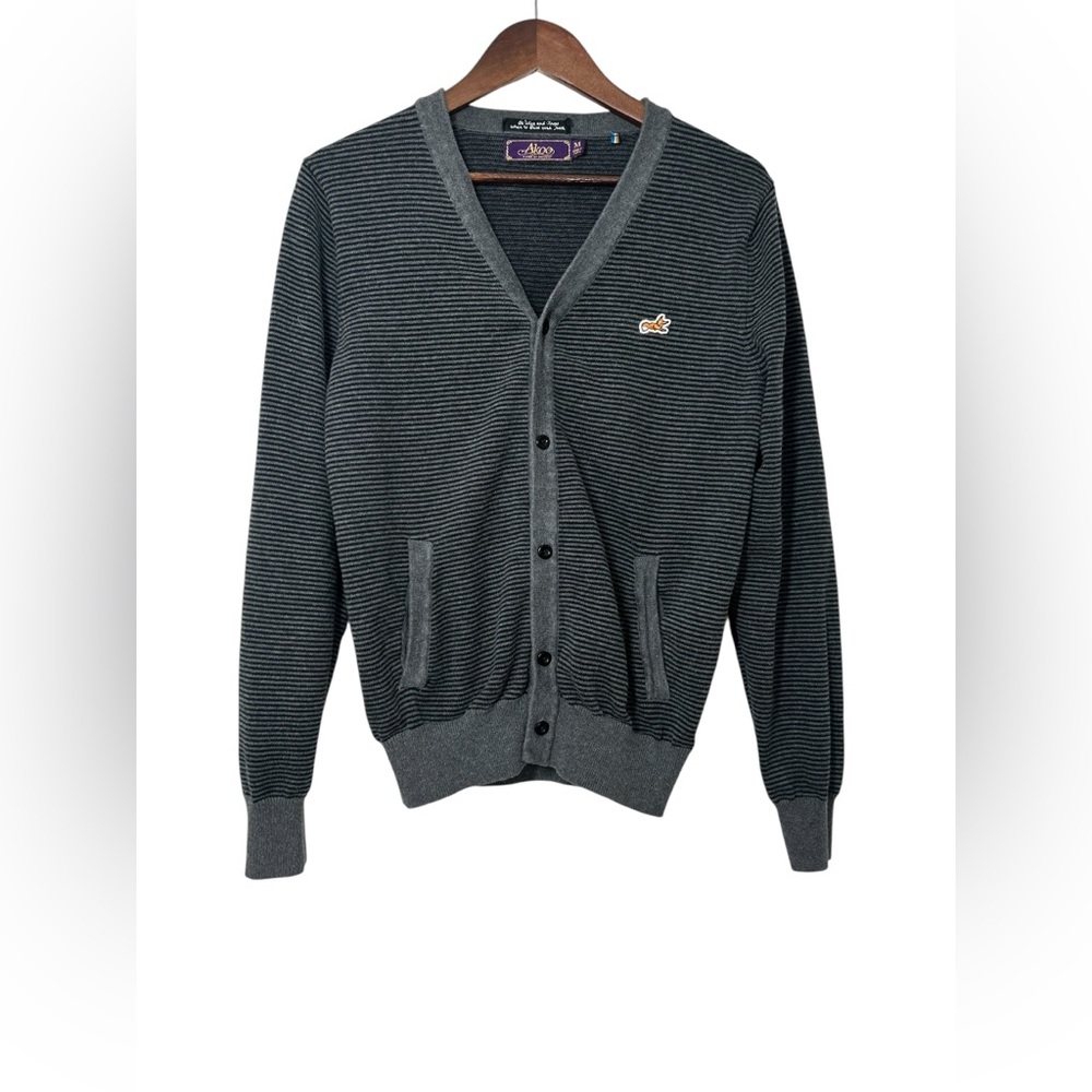 Akoo Mens Black & Gray Striped Button Up Knit Sweater Cardigan Elbow Patches Med